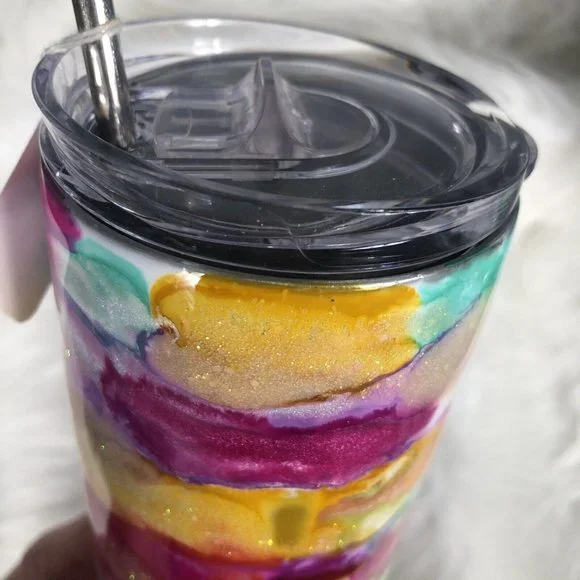 20 Ounce Tumbler Hand-Painted Pinks Pearl Teal Yellow Lid And Straw - Picture 10 of 16